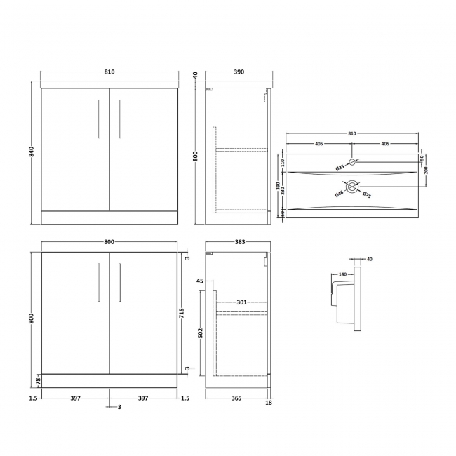 Nuie Arno Floor Standing 2-Door Vanity Unit with Basin-1 800mm Wide - Satin Grey