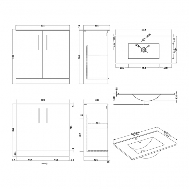 Nuie Arno Floor Standing 2-Door Vanity Unit with Basin-2 800mm Wide - Black Woodgrain