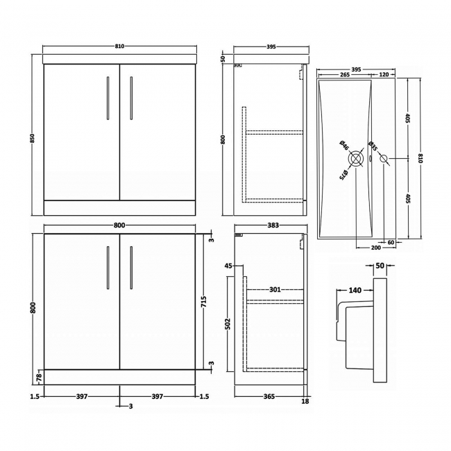 Nuie Arno Floor Standing 2-Door Vanity Unit with Basin-3 800mm Wide - Satin Grey