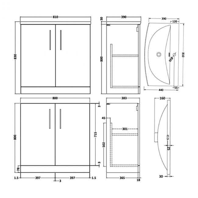 Nuie Arno Floor Standing 2-Door Vanity Unit with Basin-4 800mm Wide - Black Woodgrain