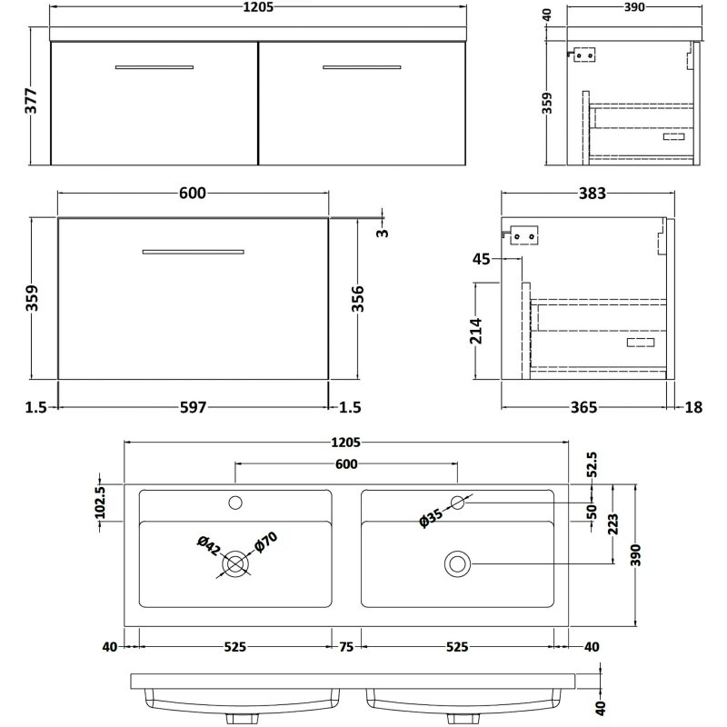 Nuie Arno Wall Hung 2-Drawer Vanity Unit with Double Polymarble Basin 1200mm Wide - Satin Green