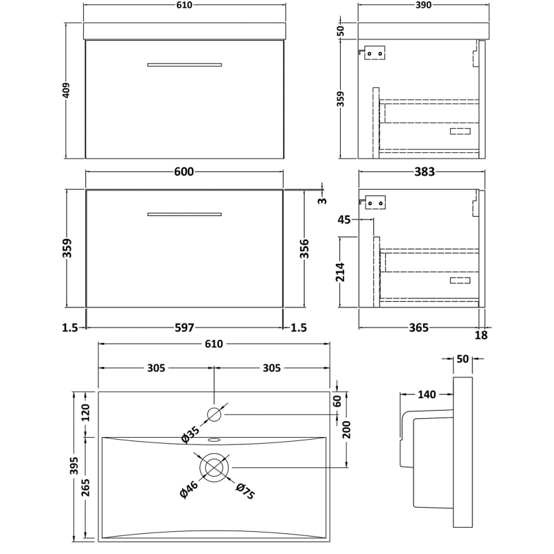 Nuie Arno Wall Hung 1-Drawer Vanity Unit with Basin-3 600mm Wide - Satin Anthracite