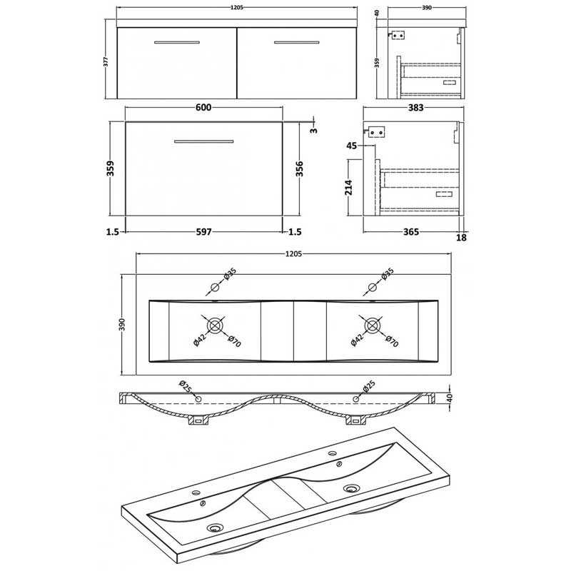 Nuie Arno Wall Hung 2-Drawer Vanity Unit with Double Ceramic Basin 1200mm Wide - Gloss White