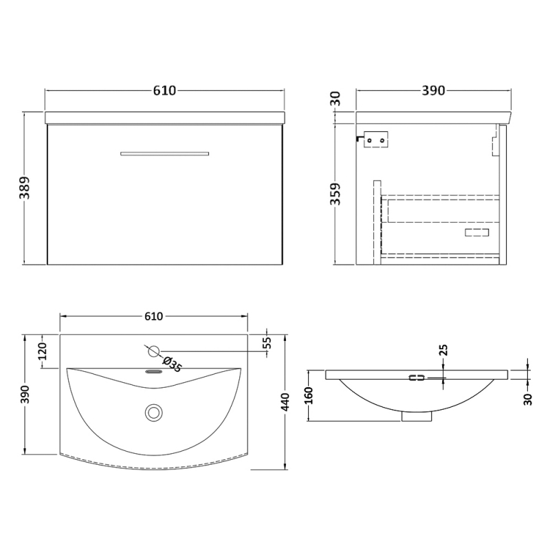 Nuie Arno Wall Hung 1-Drawer Vanity Unit with Basin-4 600mm Wide - Gloss White