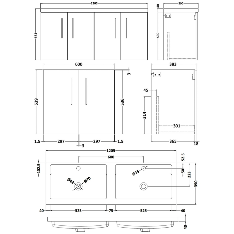 Nuie Arno Wall Hung 4-Door Vanity Unit with Double Polymarble Basin 1200mm Wide - Satin Grey