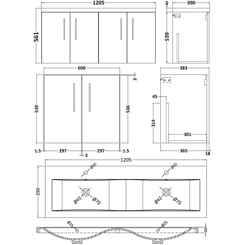 Nuie Arno Wall Hung 4-Door Vanity Unit with Double Ceramic Basin 1200mm Wide - Satin Anthracite