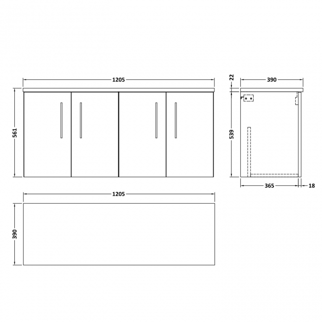 Nuie Arno Wall Hung 4-Door Vanity Unit with Sparkling White Worktop 1200mm Wide - Midnight Blue