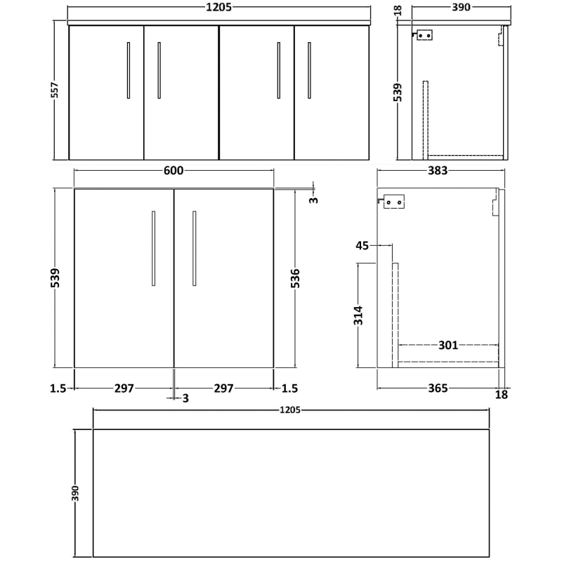 Nuie Arno Wall Hung 4-Door Vanity Unit with Worktop 1200mm Wide - Midnight Blue