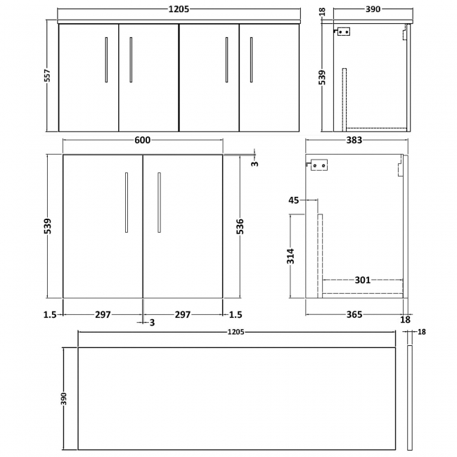 Nuie Arno Wall Hung 4-Door Vanity Unit with Worktop 1200mm Wide - Black Woodgrain