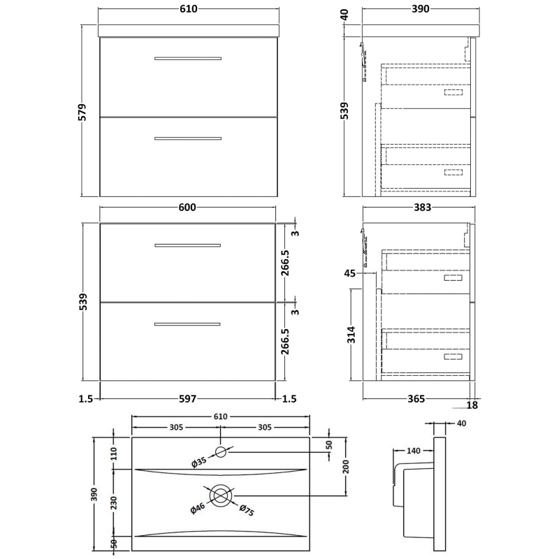 Nuie Arno Wall Hung 2-Drawer Vanity Unit with Basin-1 600mm Wide - Satin Anthracite