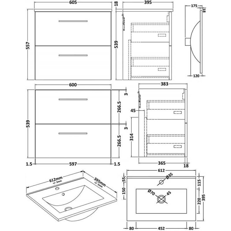 Nuie Arno Wall Hung 2-Drawer Vanity Unit with Basin-2 600mm Wide - Satin Green