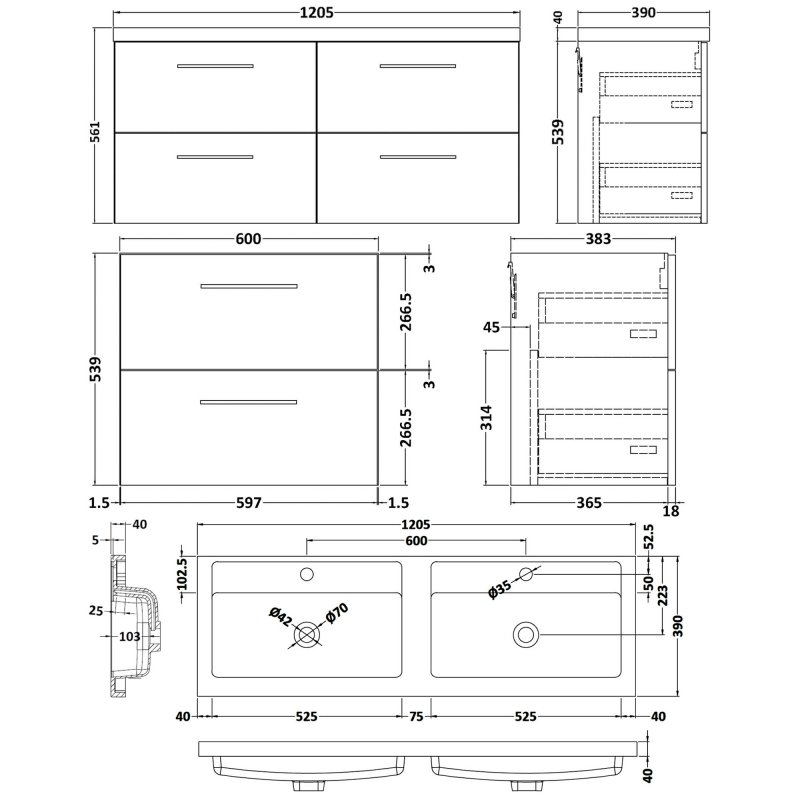 Nuie Arno Wall Hung 4-Drawer Vanity Unit with Double Polymarble Basin 1200mm Wide - Satin Anthracite