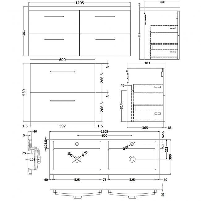 Nuie Arno Wall Hung 4-Drawer Vanity Unit with Double Polymarble Basin 1200mm Wide - Anthracite Woodgrain