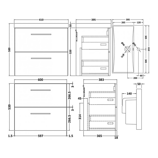 Nuie Arno Wall Hung 2-Drawer Vanity Unit with Basin-3 600mm Wide - Satin Anthracite