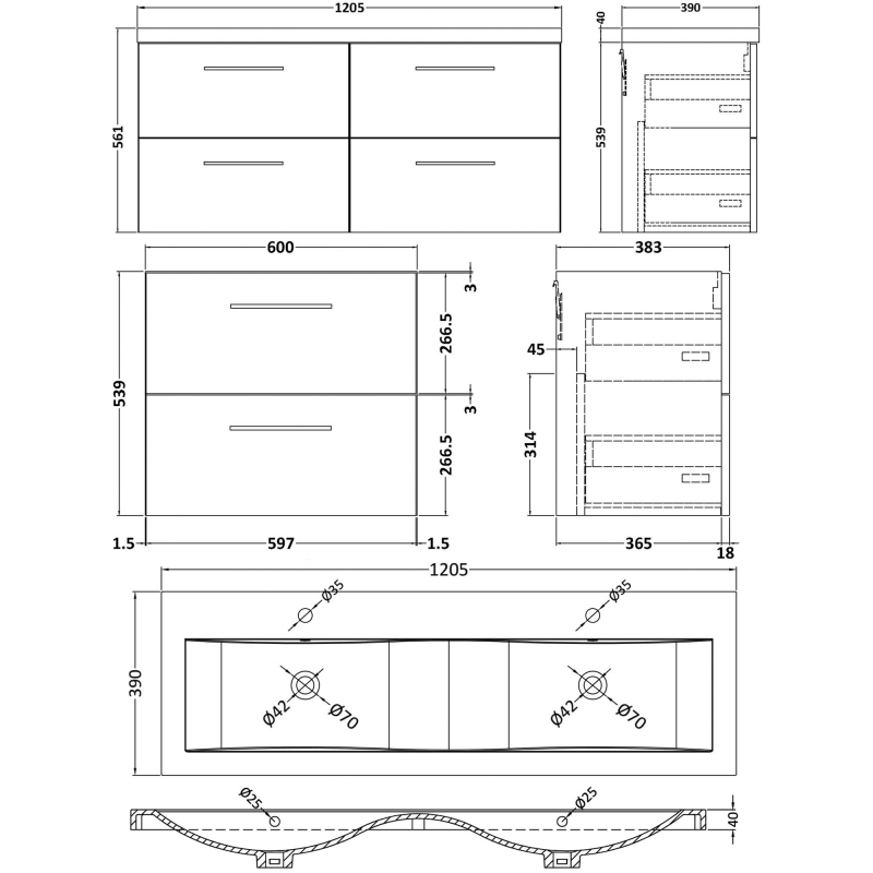 Nuie Arno Wall Hung 4-Drawer Vanity Unit with Double Ceramic Basin 1200mm Wide - Satin Grey