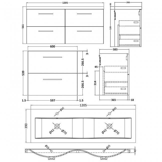 Nuie Arno Wall Hung 4-Drawer Vanity Unit with Double Ceramic Basin 1200mm Wide - Gloss White