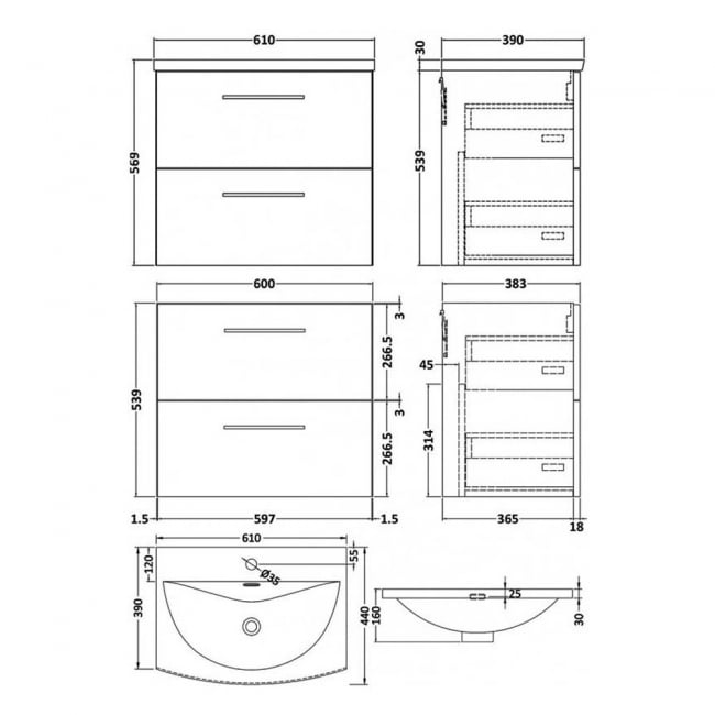 Nuie Arno Wall Hung 2-Drawer Vanity Unit with Basin-4 600mm Wide - Black Woodgrain