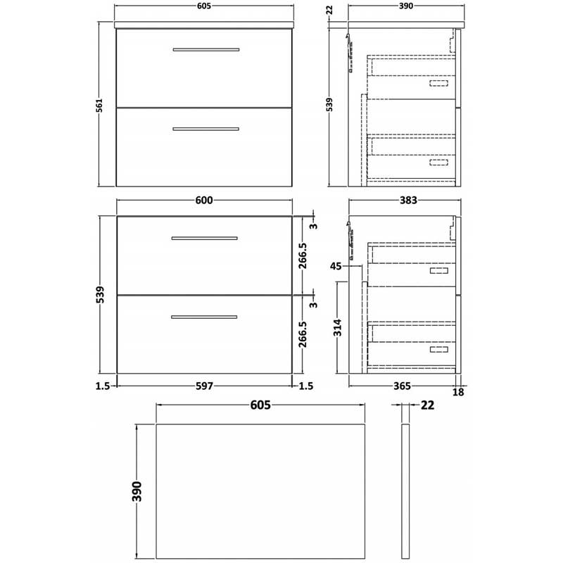 Nuie Arno Wall Hung 2-Drawer Vanity Unit with Sparkling White Worktop 600mm Wide - Solace Oak Woodgrain