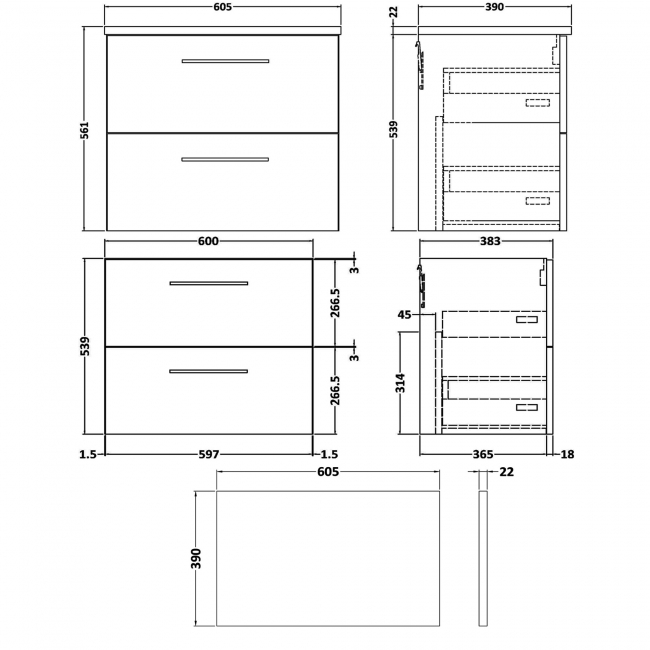 Nuie Arno Wall Hung 2-Drawer Vanity Unit with Bellato Grey Worktop 600mm Wide - Satin Grey