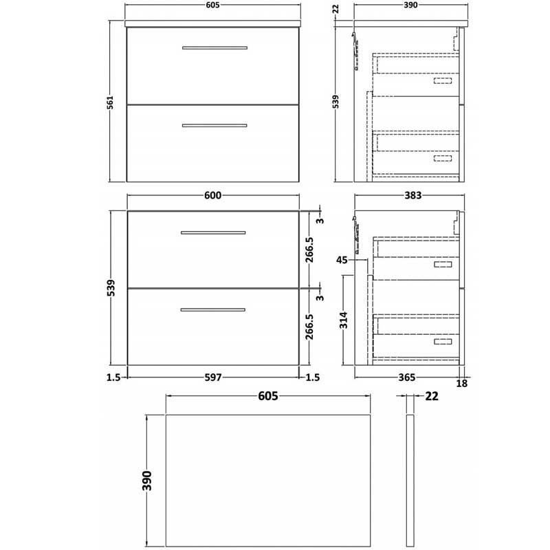 Nuie Arno Wall Hung 2-Drawer Vanity Unit with Sparkling Black Worktop 600mm Wide - Anthracite Woodgrain