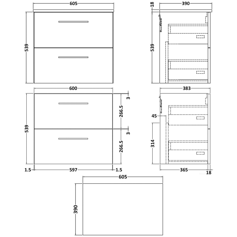 Nuie Arno Wall Hung 2-Drawer Vanity Unit with Worktop 600mm Wide - Satin Grey