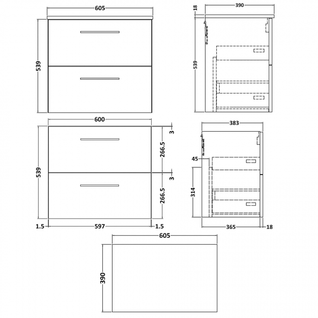 Nuie Arno Wall Hung 2-Drawer Vanity Unit with Worktop 600mm Wide - Solace Oak Woodgrain