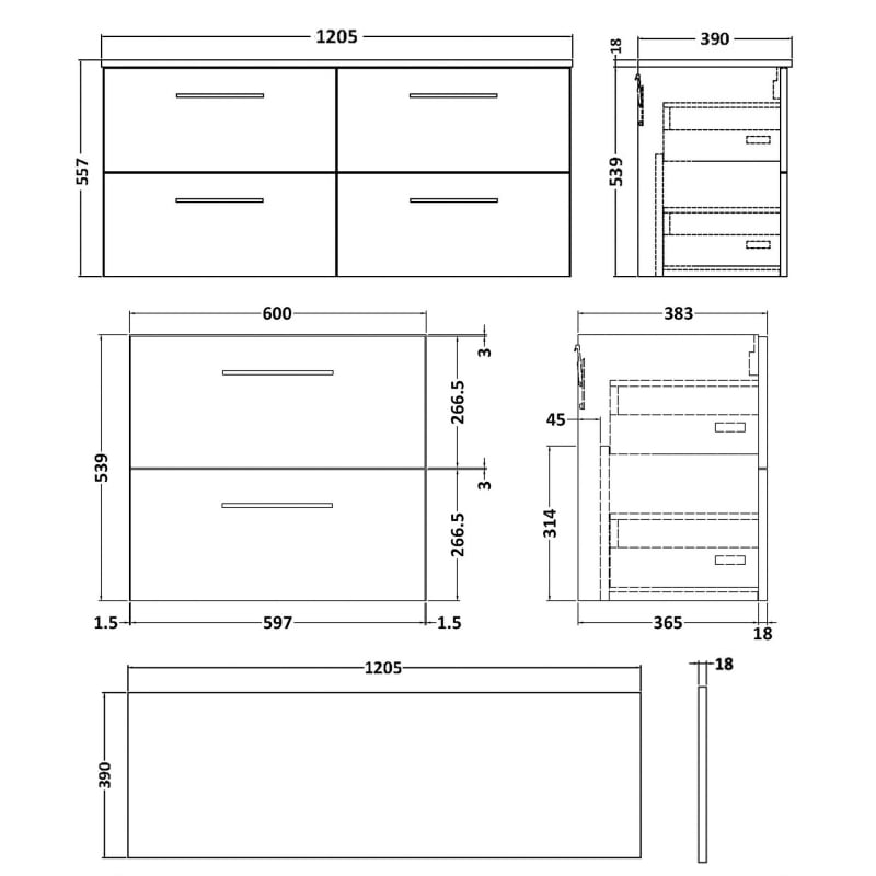 Nuie Arno Wall Hung 4-Drawer Vanity Unit with Worktop 1200mm Wide - Satin Anthracite