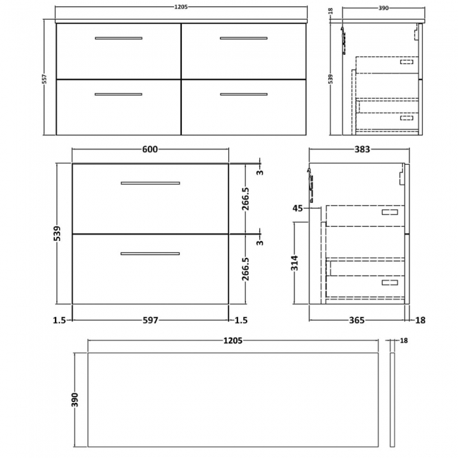 Nuie Arno Wall Hung 4-Drawer Vanity Unit with Worktop 1200mm Wide - Black Woodgrain