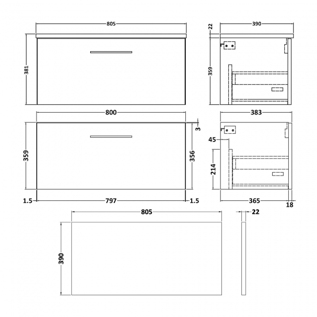 Nuie Arno Wall Hung 1-Drawer Vanity Unit with Sparkling Black Worktop 800mm Wide - Satin Grey