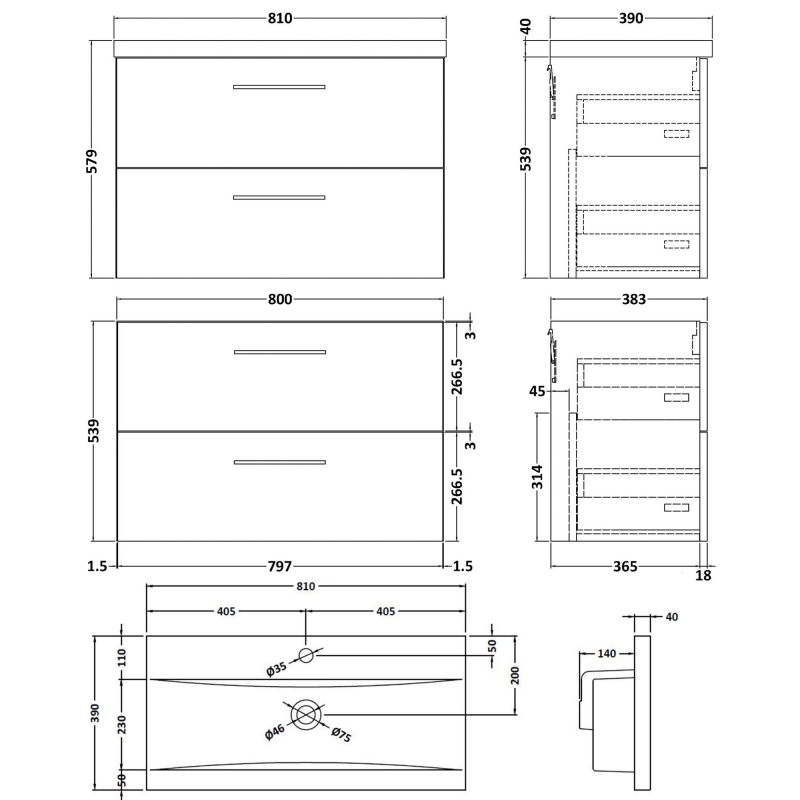 Nuie Arno Wall Hung 2-Drawer Vanity Unit with Basin-1 800mm Wide - Anthracite Woodgrain