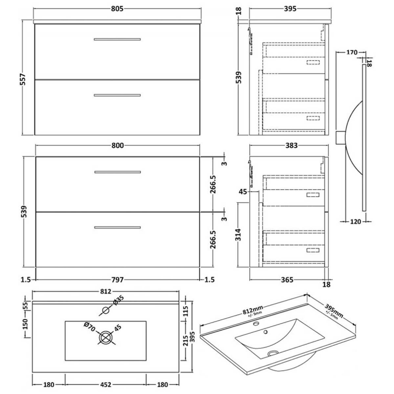 Nuie Arno Wall Hung 2-Drawer Vanity Unit with Basin-2 800mm Wide - Anthracite Woodgrain