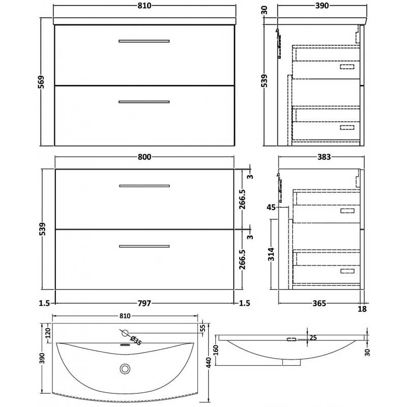 Nuie Arno Wall Hung 2-Drawer Vanity Unit with Basin-4 800mm Wide - Anthracite Woodgrain