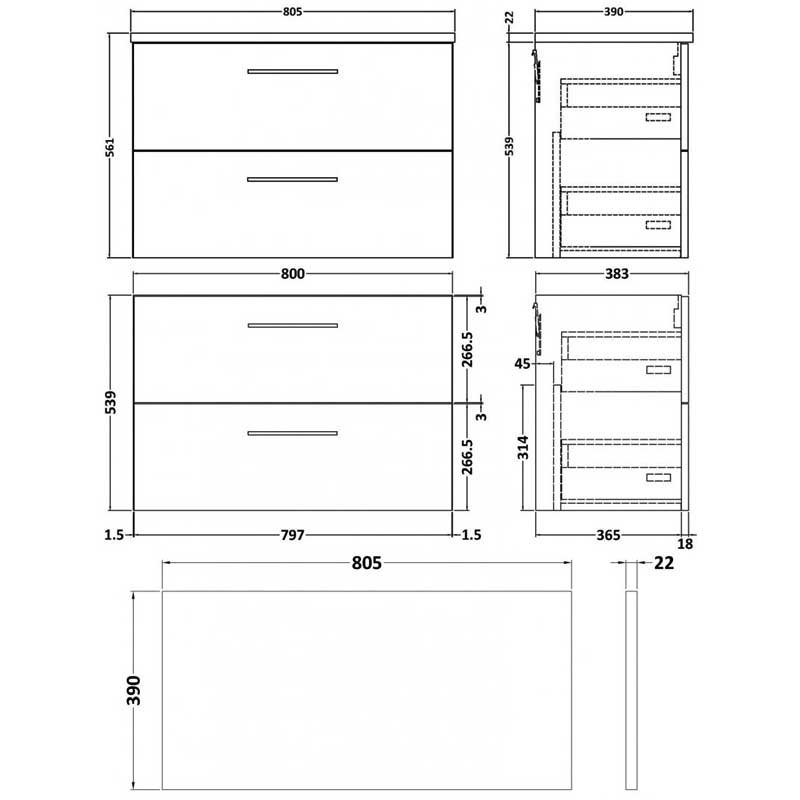 Nuie Arno Wall Hung 2-Drawer Vanity Unit with Bellato Grey Worktop 800mm Wide - Satin Grey