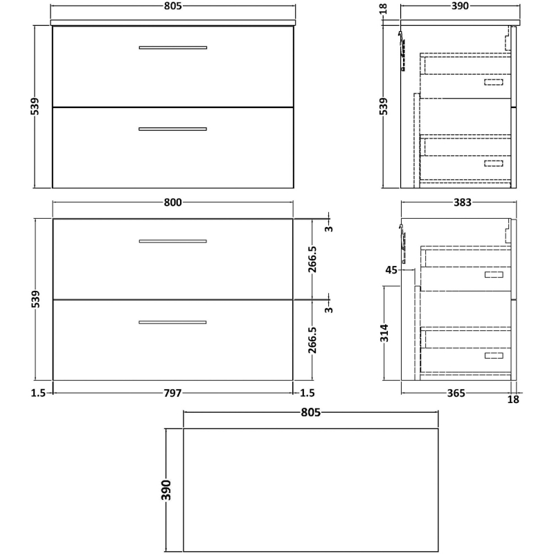 Nuie Arno Wall Hung 2-Drawer Vanity Unit with Worktop 800mm Wide - Satin Anthracite