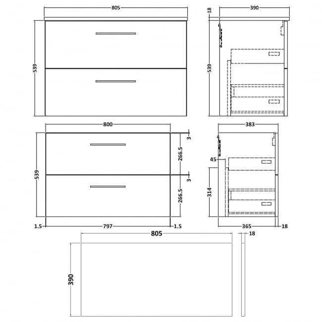 Nuie Arno Wall Hung 2-Drawer Vanity Unit with Worktop 800mm Wide - Anthracite Woodgrain