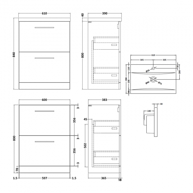 Nuie Arno Floor Standing 2-Drawer Vanity Unit with Basin-1 600mm Wide - Satin Anthracite