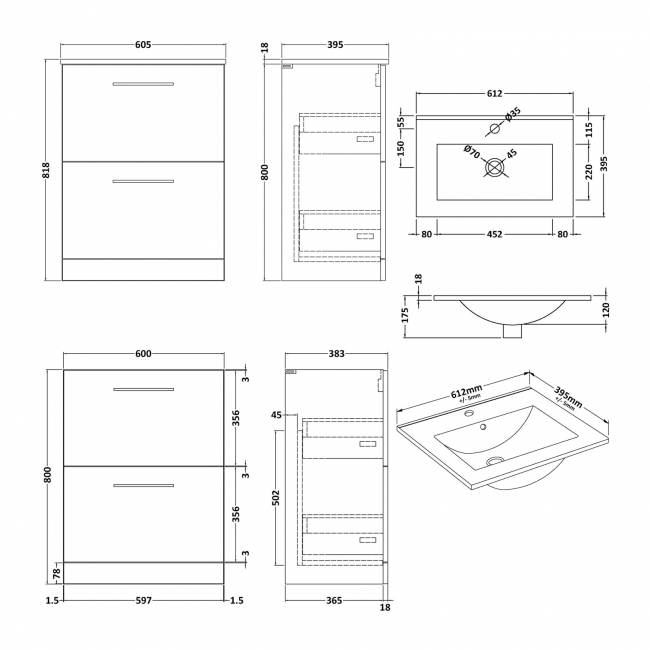 Nuie Arno Floor Standing 2-Drawer Vanity Unit with Basin-2 600mm Wide - Satin Anthracite