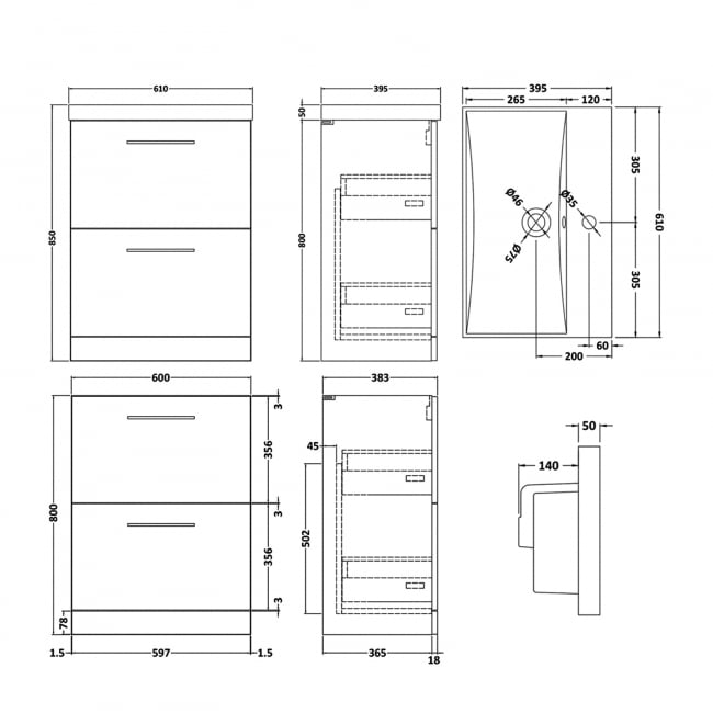 Nuie Arno Floor Standing 2-Drawer Vanity Unit with Basin-3 600mm Wide - Solace Oak Woodgrain