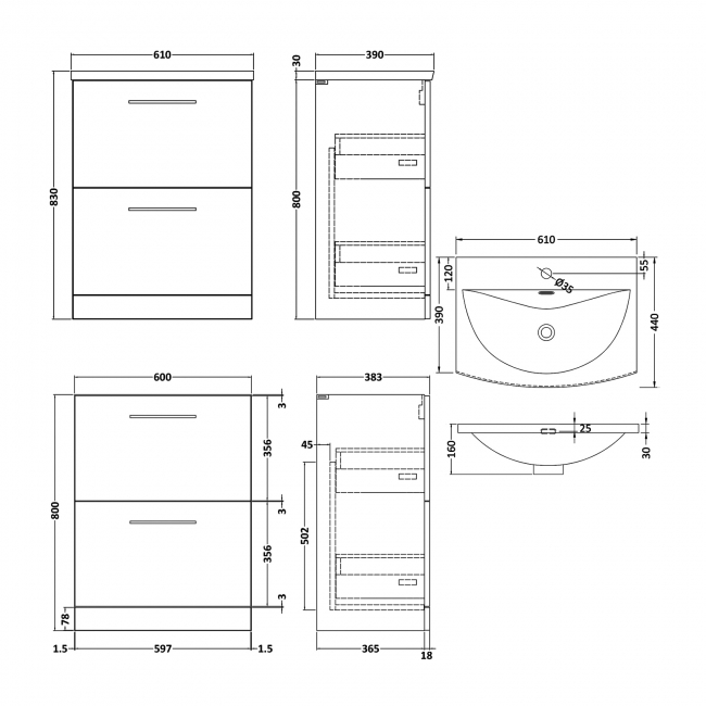 Nuie Arno Floor Standing 2-Drawer Vanity Unit with Basin-4 600mm Wide - Black Woodgrain