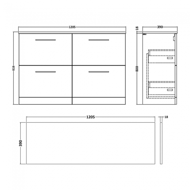 Nuie Arno Floor Standing 4-Drawer Vanity Unit with Worktop 1200mm Wide - Midnight Blue