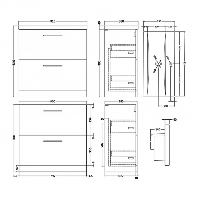 Nuie Arno Floor Standing 2-Drawer Vanity Unit with Basin-1 800mm Wide - Satin Anthracite