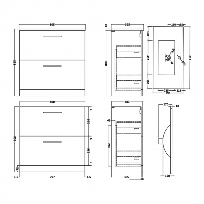 Nuie Arno Floor Standing 2-Drawer Vanity Unit with Basin-2 800mm Wide - Satin Anthracite