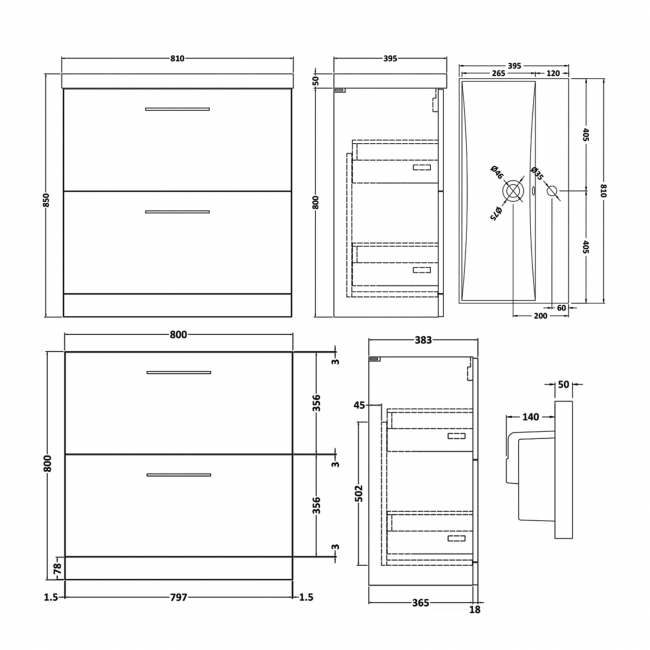 Nuie Arno Floor Standing 2-Drawer Vanity Unit with Basin-3 800mm Wide - Anthracite Woodgrain