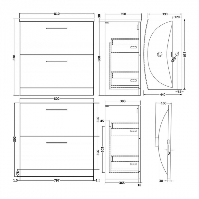 Nuie Arno Floor Standing 2-Drawer Vanity Unit with Basin-4 800mm Wide - Black Woodgrain