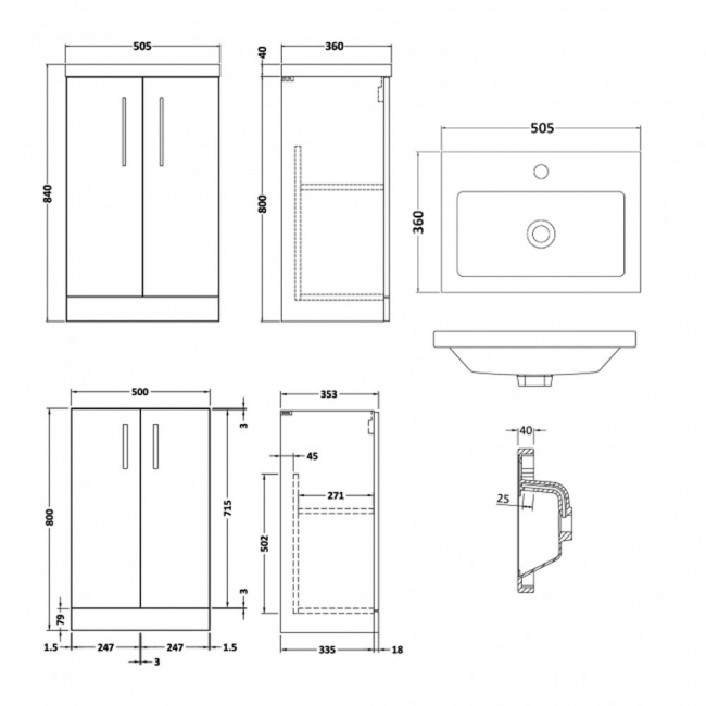 Nuie Arno Compact Floor Standing 2-Door Vanity Unit with Polymarble Basin 500mm Wide - Solace Oak Woodgrain