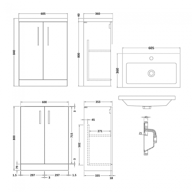 Nuie Arno Compact Floor Standing 2-Door Vanity Unit with Polymarble Basin 600mm Wide - Satin Green