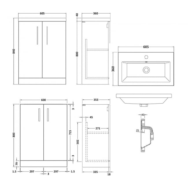 Nuie Arno Compact Floor Standing 2-Door Vanity Unit with Ceramic Basin 600mm Wide - Charcoal Black Woodgrain