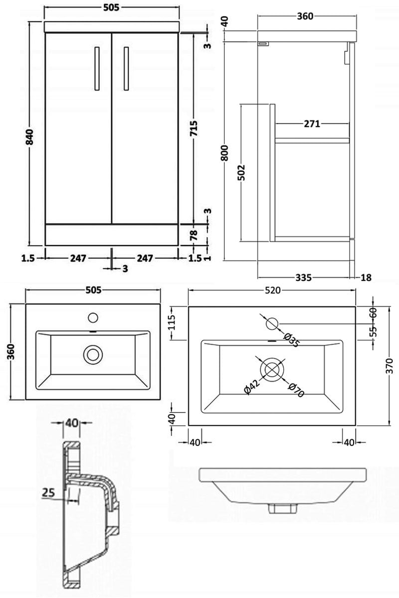 Nuie Arno Compact Vanity Unit | 500mm | PAL006E | Gloss White