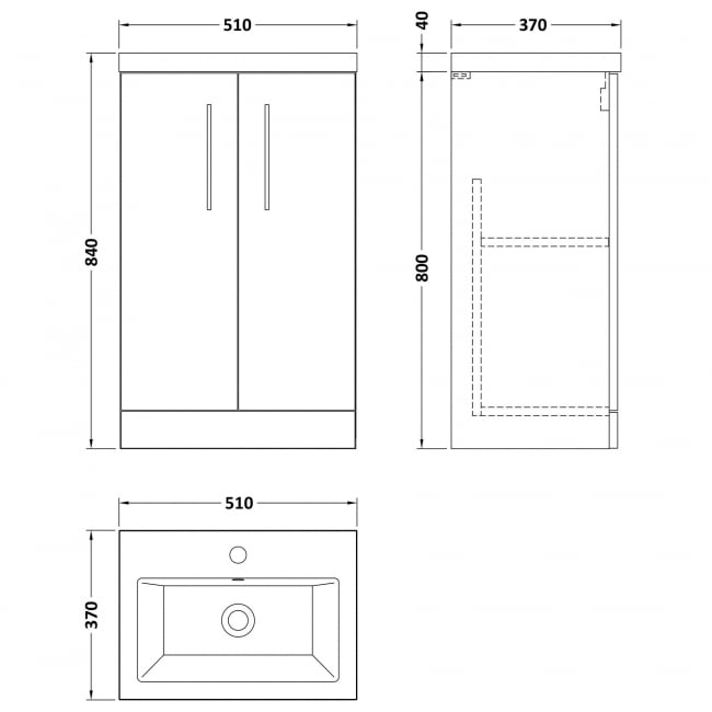 Nuie Arno Compact Floor Standing 2-Door Vanity Unit with Ceramic Basin 500mm Wide - Gloss White