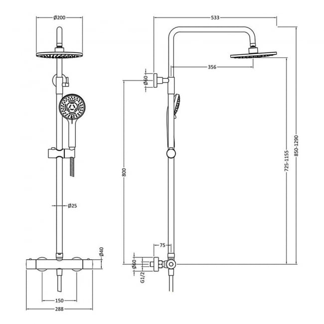 Nuie Arvan Round Thermostatic Bar Mixer Shower with Shower Kit and Fixed Head - Brushed Pewter